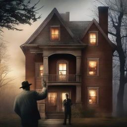 Create a book cover featuring an elegant but worn-out house with lights on inside