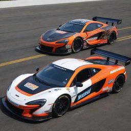 A McLaren car given a NASCAR makeover, featuring dynamic colors, racing enhancements, and garnished with a multitude of sponsor logos.