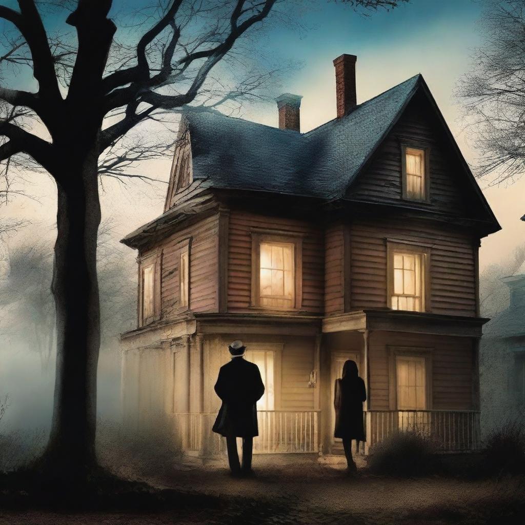 Create a book cover featuring an elegant but worn-out house with lights on inside