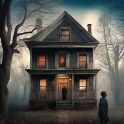 Create a book cover featuring an elegant but worn-out house with lights on inside