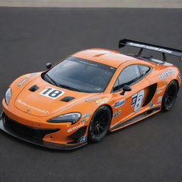 A McLaren car given a NASCAR makeover, featuring dynamic colors, racing enhancements, and garnished with a multitude of sponsor logos.