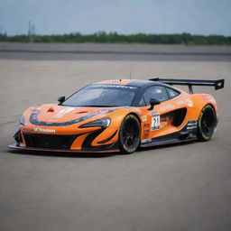 A McLaren car given a NASCAR makeover, featuring dynamic colors, racing enhancements, and garnished with a multitude of sponsor logos.