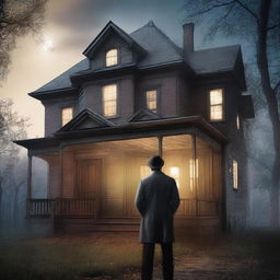 Create a book cover featuring an elegant but worn-out house with lights on inside