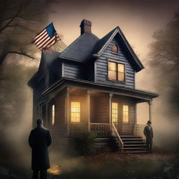 Create a book cover featuring an elegant but worn-out house with lights on inside