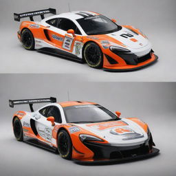 A McLaren car given a NASCAR makeover, featuring dynamic colors, racing enhancements, and garnished with a multitude of sponsor logos.