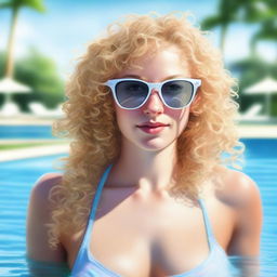 A portrait of a photorealistic blonde girl with curly hair