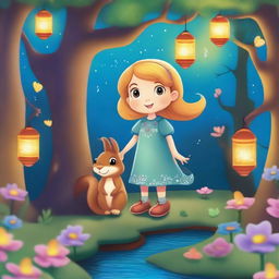 Luna and the Magical Forest: A curious girl named Luna meets a friendly squirrel named Whiskers in a magical forest filled with sparkling streams, colorful flowers, and playful pixies