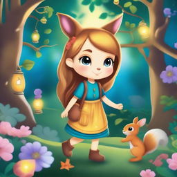 Luna and the Magical Forest: A curious girl named Luna meets a friendly squirrel named Whiskers in a magical forest filled with sparkling streams, colorful flowers, and playful pixies