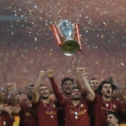 Galatasaray football team joyously lifting the Champions League Cup under a confetti-filled sky with cheering crowd in the background.