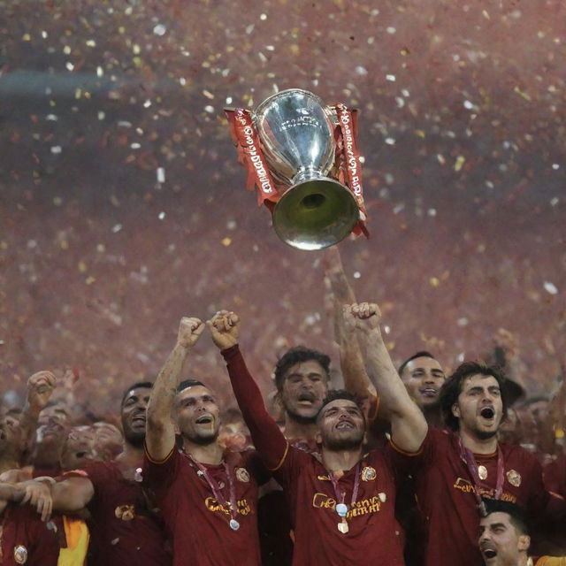 Galatasaray football team joyously lifting the Champions League Cup under a confetti-filled sky with cheering crowd in the background.