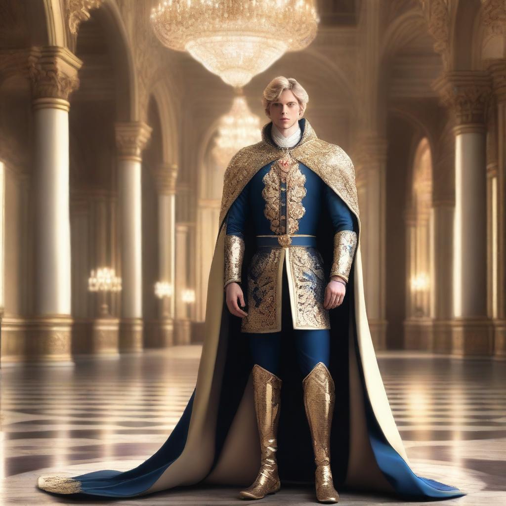 A human prince with short blond hair, dressed in royal attire with a majestic cape, standing in a grand castle hall