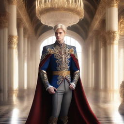 A human prince with short blond hair, dressed in royal attire with a majestic cape, standing in a grand castle hall