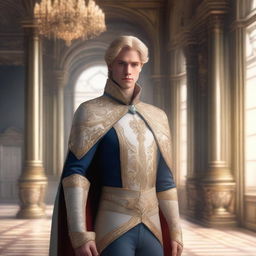 A human prince with short blond hair, dressed in royal attire with a majestic cape, standing in a grand castle hall