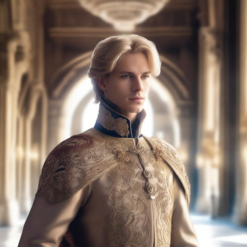 A human prince with short blond hair, dressed in royal attire with a majestic cape, standing in a grand castle hall