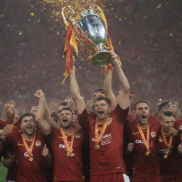 Galatasaray football team joyously lifting the Champions League Cup under a confetti-filled sky with cheering crowd in the background.