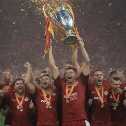 Galatasaray football team joyously lifting the Champions League Cup under a confetti-filled sky with cheering crowd in the background.