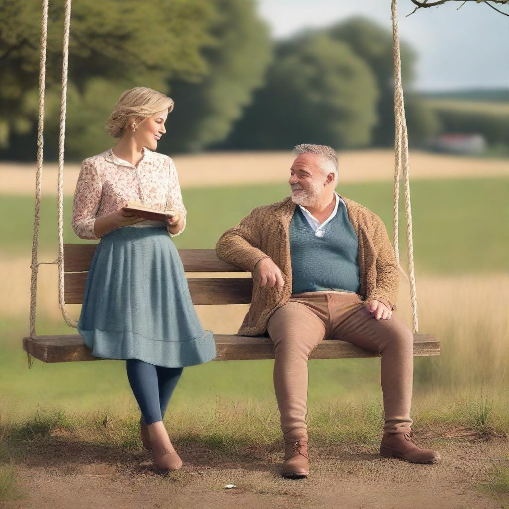 A book cover featuring a pop singer and a rural football coach sitting on a swing