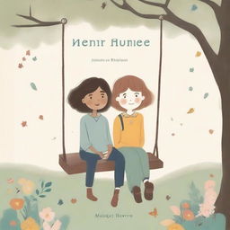 A book cover featuring two young people sitting on a swing, illustrated in a drawing style