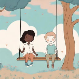 A book cover featuring two young people sitting on a swing, illustrated in a drawing style