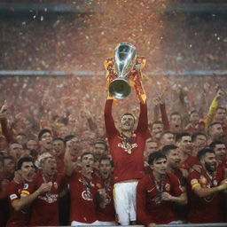 Galatasaray football team joyously lifting the Champions League Cup under a confetti-filled sky with cheering crowd in the background.