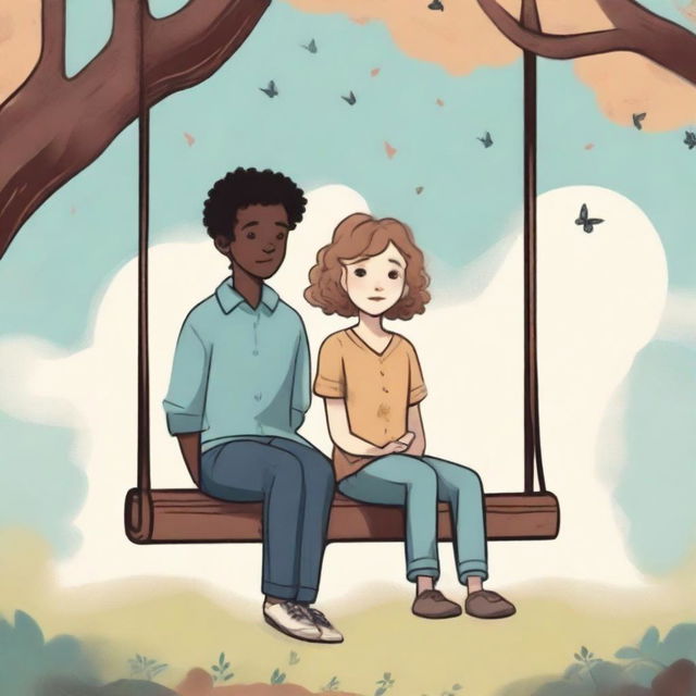 A book cover featuring two young people sitting on a swing, illustrated in a drawing style