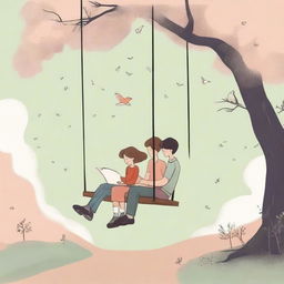 A book cover featuring two young people sitting on a swing, illustrated in a drawing style