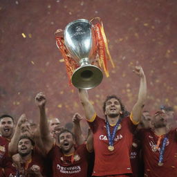 Galatasaray football team joyously lifting the Champions League Cup under a confetti-filled sky with cheering crowd in the background.