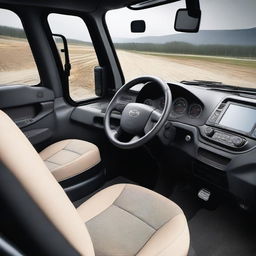 A detailed and high-resolution image of the interior of a Scania dump truck