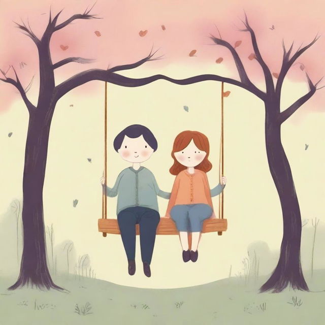 A book cover featuring two adults sitting on a swing, illustrated in a drawing style