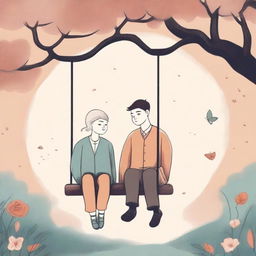 A book cover featuring two adults sitting on a swing, illustrated in a drawing style