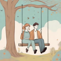 A book cover featuring two adults sitting on a swing, illustrated in a drawing style