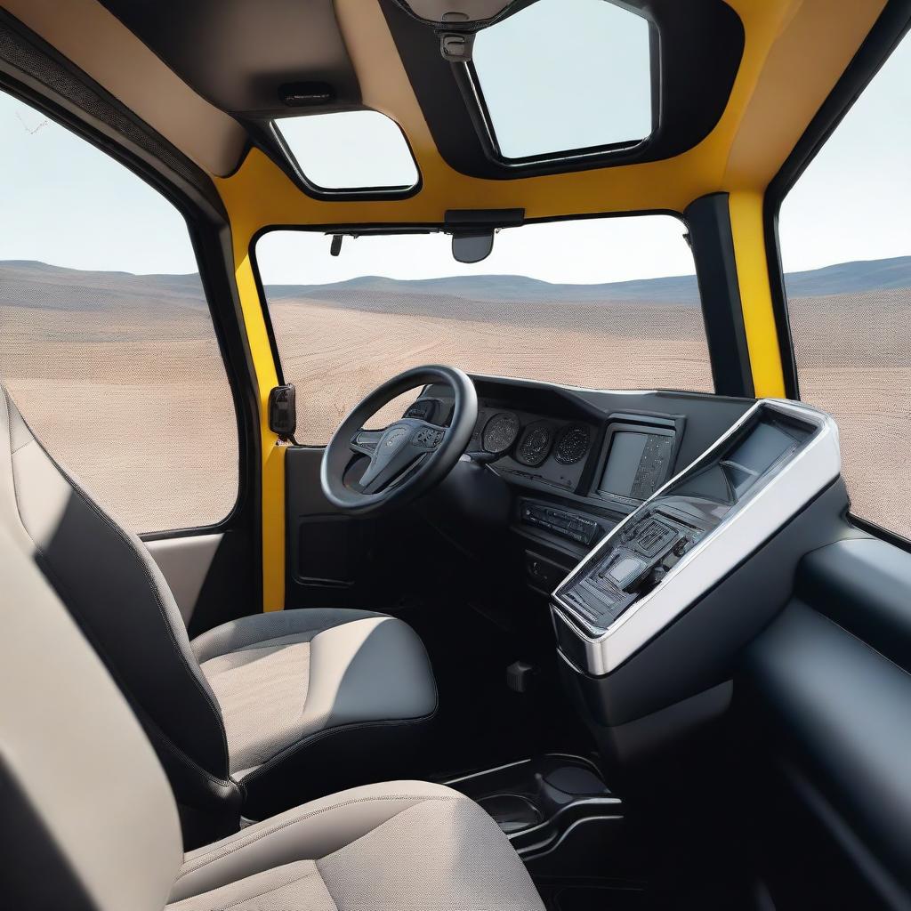 A modern and sleek interior of a dump truck