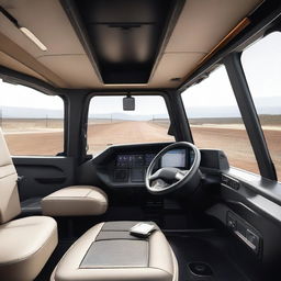 A modern and sleek interior of a dump truck