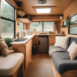 The interior of a dump truck designed to look like a cozy home