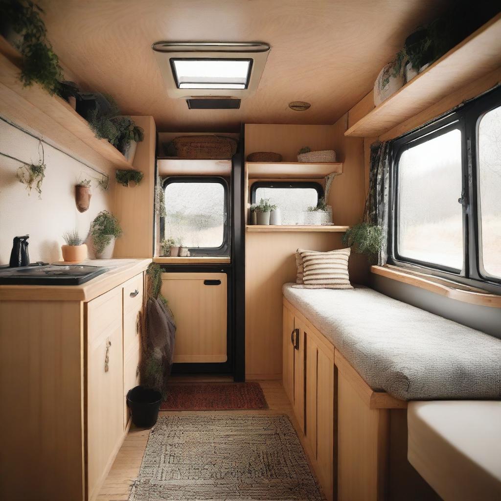 The interior of a dump truck designed to look like a cozy home