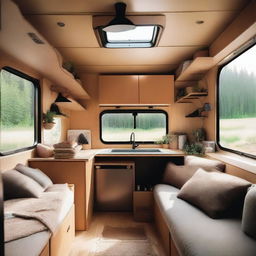 The interior of a dump truck designed to look like a cozy home