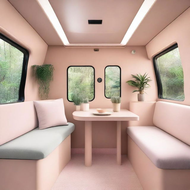 The interior of a dump truck designed to evoke a sense of calm and tranquility