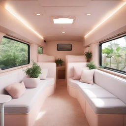 The interior of a dump truck designed to evoke a sense of calm and tranquility