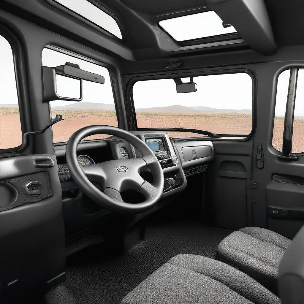 The interior of a dump truck designed with a masculine aesthetic