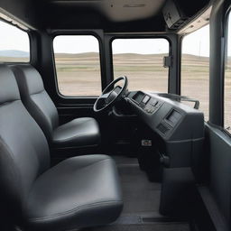 The interior of a dump truck designed with a masculine aesthetic