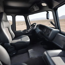 The interior of a dump truck designed with a masculine aesthetic