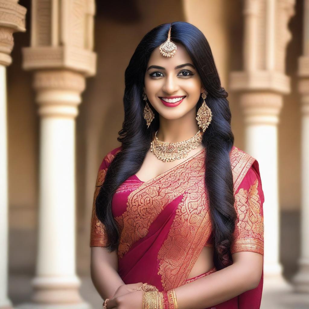 A beautiful Indian girl in a traditional saree, posing gracefully with a captivating smile