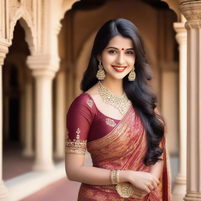 A beautiful Indian girl in a traditional saree, posing gracefully with a captivating smile