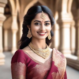 A beautiful Indian girl in a traditional saree, posing gracefully with a captivating smile