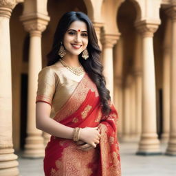 A beautiful Indian girl in a traditional saree, posing gracefully with a captivating smile