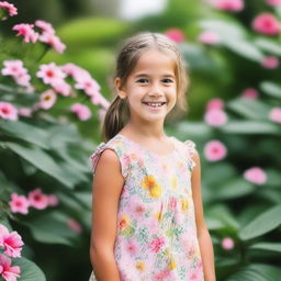 A portrait of a young girl with a joyful expression, standing in a serene outdoor setting with lush greenery and flowers