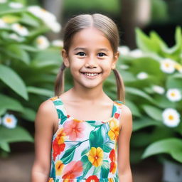 A portrait of a young girl with a joyful expression, standing in a serene outdoor setting with lush greenery and flowers