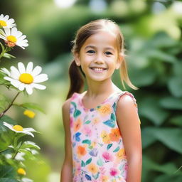 A portrait of a young girl with a joyful expression, standing in a serene outdoor setting with lush greenery and flowers