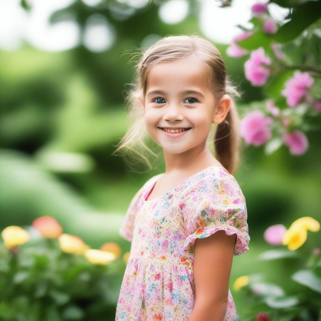 A portrait of a young girl with a joyful expression, standing in a serene outdoor setting with lush greenery and flowers