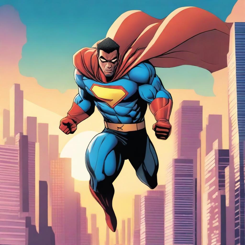 A dynamic superhero in action, flying through the city with a determined expression